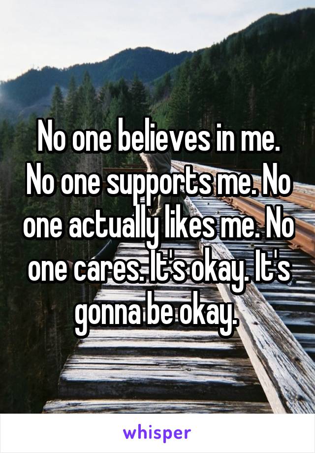 No one believes in me. No one supports me. No one actually likes me. No one cares. It's okay. It's gonna be okay. 