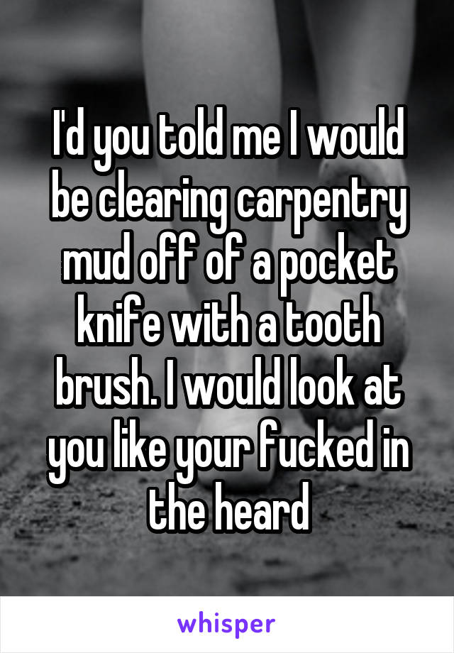 I'd you told me I would be clearing carpentry mud off of a pocket knife with a tooth brush. I would look at you like your fucked in the heard