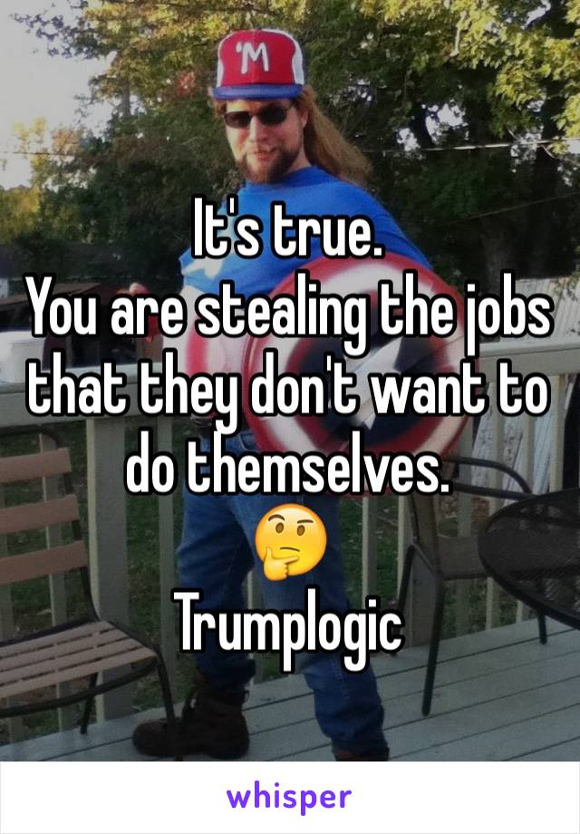 It's true. 
You are stealing the jobs that they don't want to do themselves. 
🤔
Trumplogic