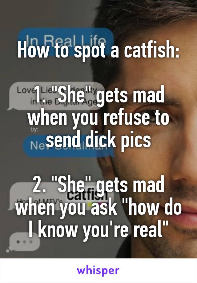 How to spot a catfish:

1. "She" gets mad when you refuse to send dick pics

2. "She" gets mad when you ask "how do I know you're real"