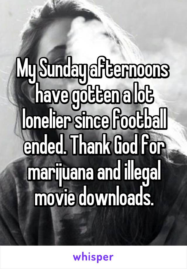 My Sunday afternoons  have gotten a lot lonelier since football ended. Thank God for marijuana and illegal movie downloads.