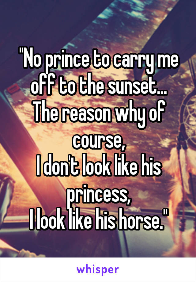 "No prince to carry me off to the sunset...
The reason why of course,
I don't look like his princess,
I look like his horse."