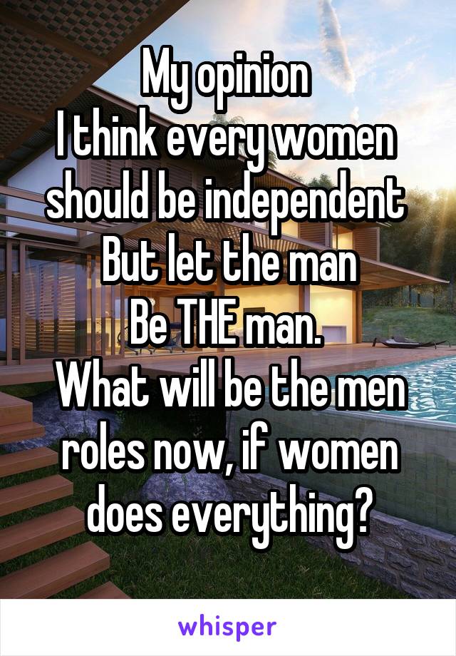 My opinion 
I think every women  should be independent 
But let the man
Be THE man. 
What will be the men roles now, if women does everything?
