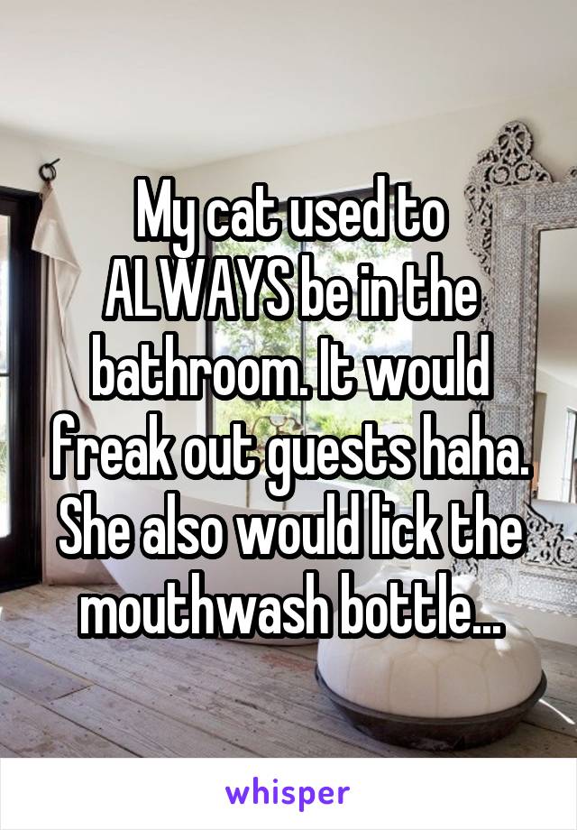 My cat used to ALWAYS be in the bathroom. It would freak out guests haha. She also would lick the mouthwash bottle...