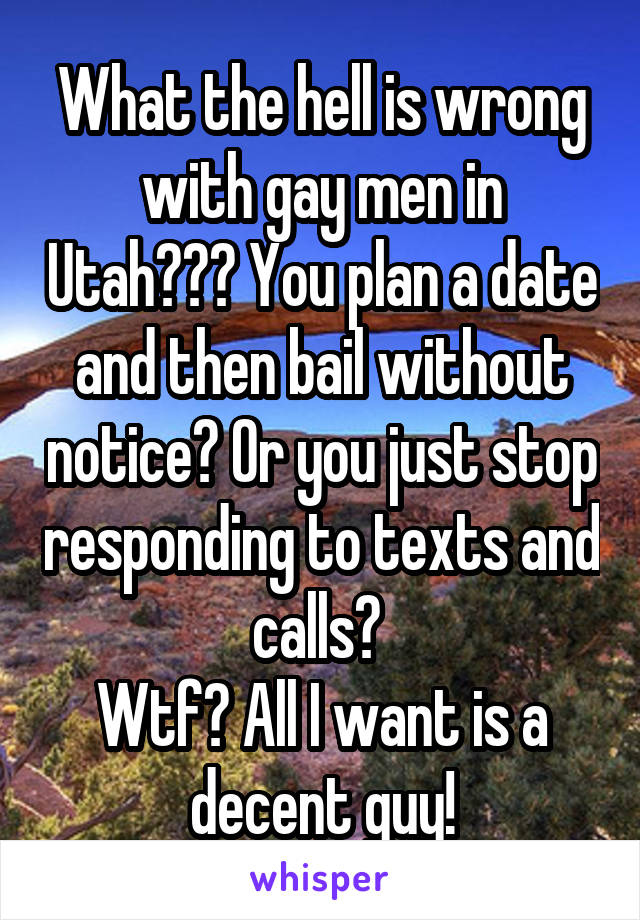 What the hell is wrong with gay men in Utah??? You plan a date and then bail without notice? Or you just stop responding to texts and calls? 
Wtf? All I want is a decent guy!