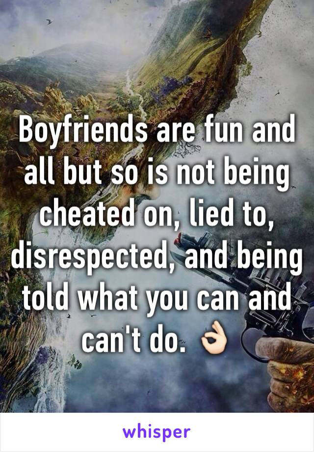 Boyfriends are fun and all but so is not being cheated on, lied to, disrespected, and being told what you can and can't do. 👌🏻