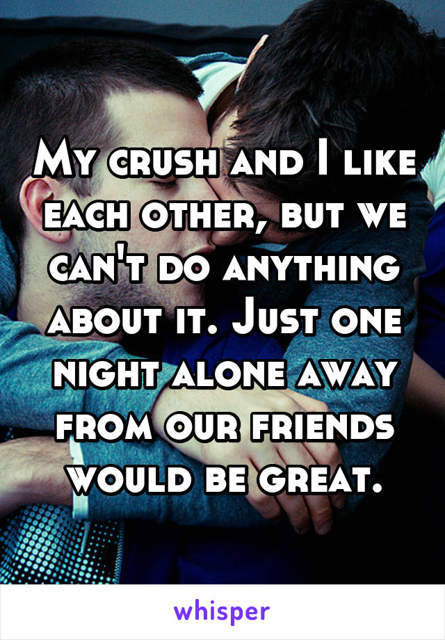 My crush and I like each other, but we can't do anything about it. Just one night alone away from our friends would be great.