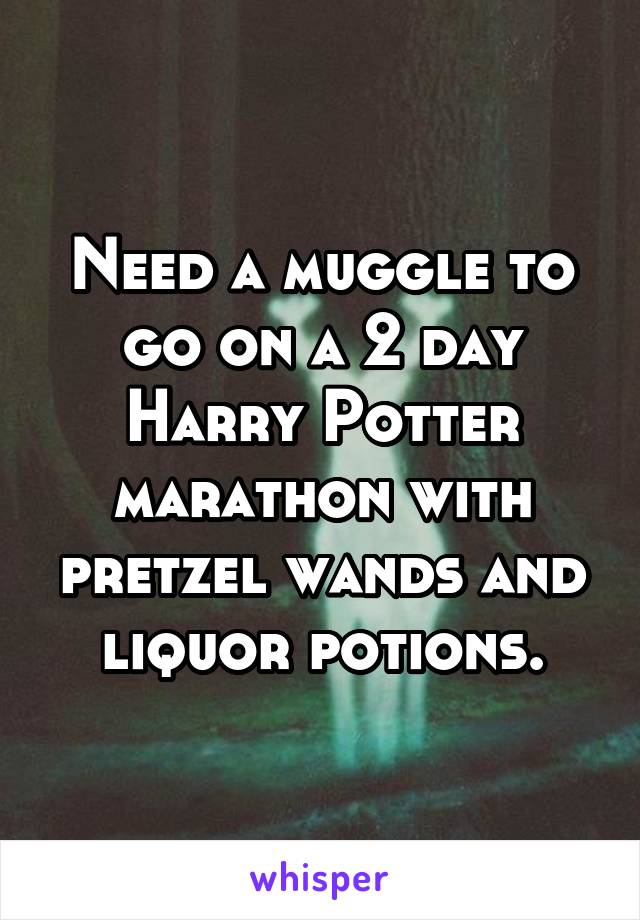 Need a muggle to go on a 2 day Harry Potter marathon with pretzel wands and liquor potions.