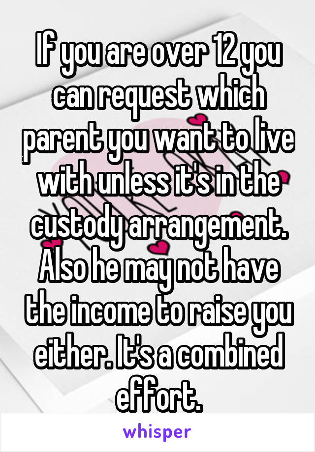 If you are over 12 you can request which parent you want to live with unless it's in the custody arrangement. Also he may not have the income to raise you either. It's a combined effort.