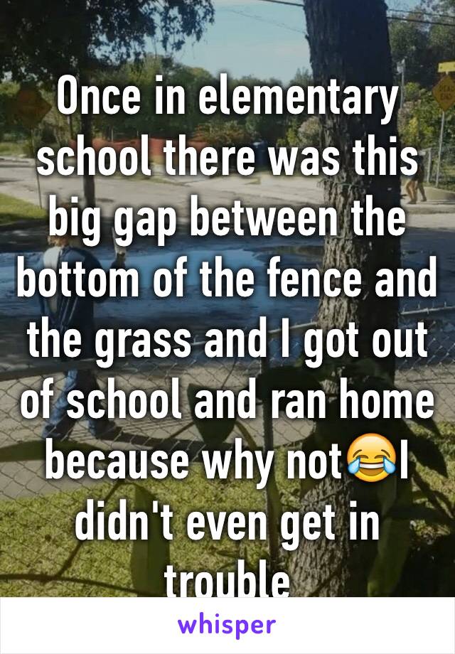 Once in elementary school there was this big gap between the bottom of the fence and the grass and I got out of school and ran home because why not😂I didn't even get in trouble 