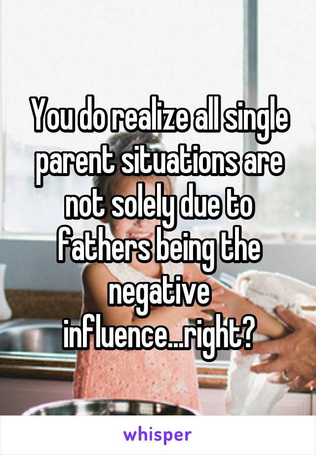 You do realize all single parent situations are not solely due to fathers being the negative influence...right?