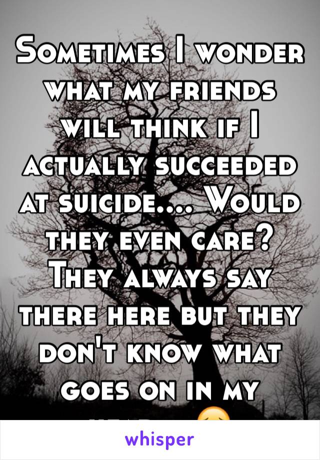 Sometimes I wonder what my friends will think if I actually succeeded at suicide.... Would they even care? They always say there here but they don't know what goes on in my head... 😔