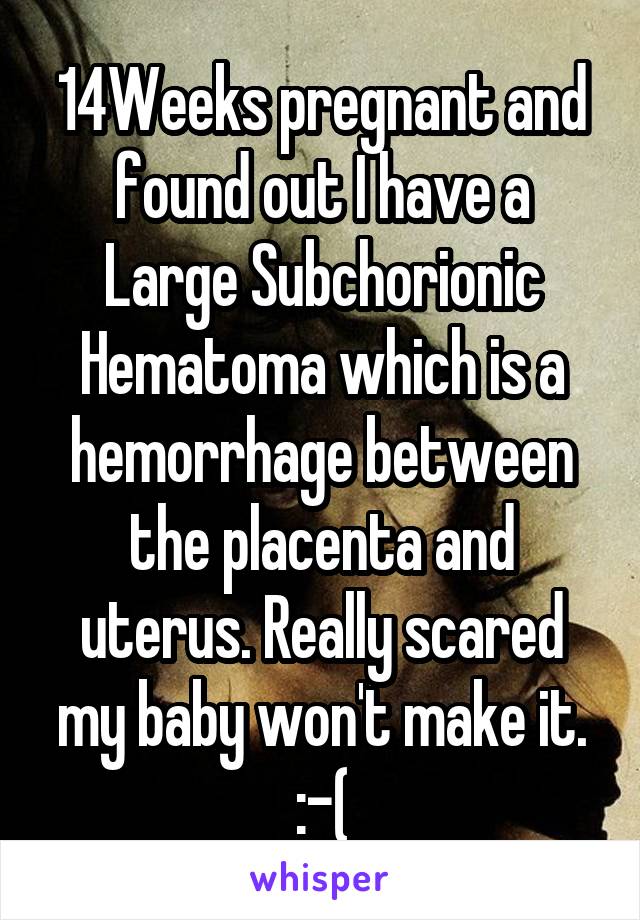 14Weeks pregnant and found out I have a Large Subchorionic Hematoma which is a hemorrhage between the placenta and uterus. Really scared my baby won't make it. :-(