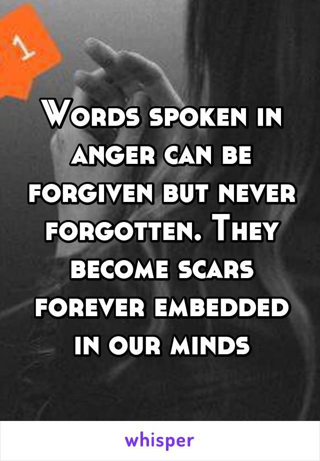 Words spoken in anger can be forgiven but never forgotten. They become scars forever embedded in our minds