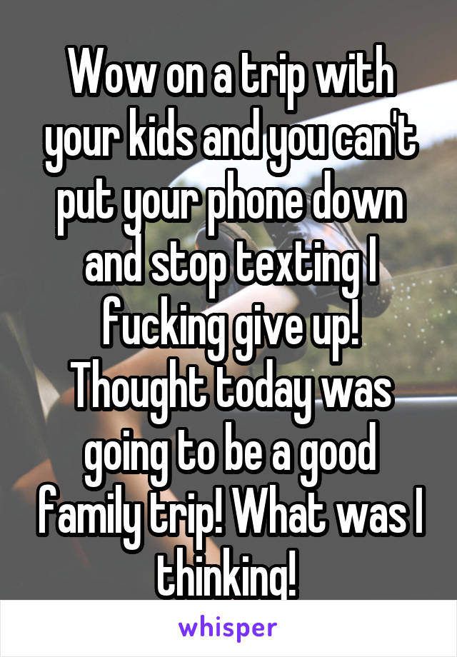 Wow on a trip with your kids and you can't put your phone down and stop texting I fucking give up! Thought today was going to be a good family trip! What was I thinking! 