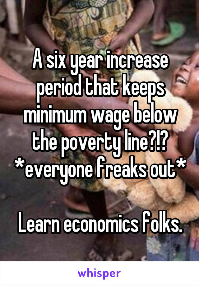 A six year increase period that keeps minimum wage below the poverty line?!? *everyone freaks out*

Learn economics folks.