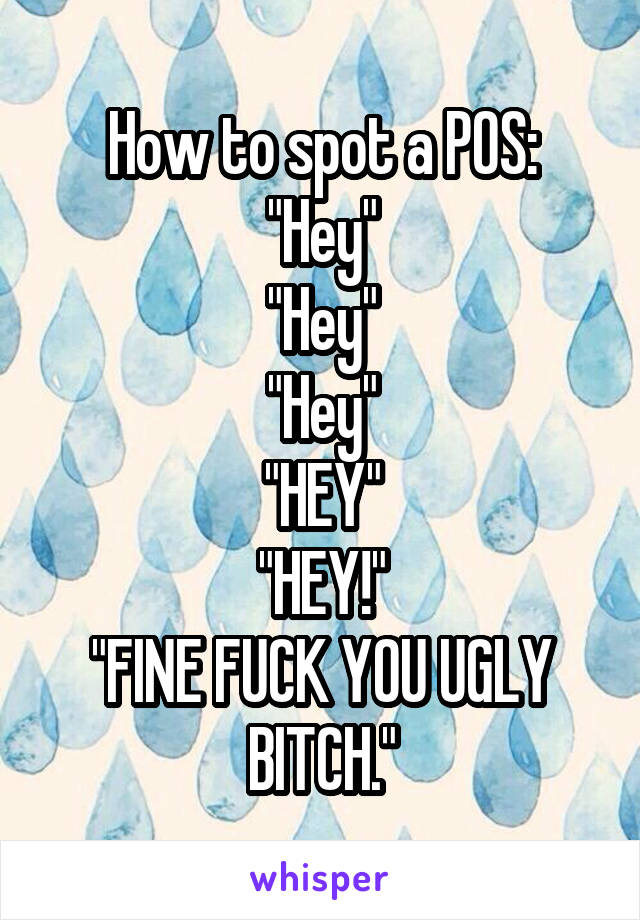 How to spot a POS:
"Hey"
"Hey"
"Hey"
"HEY"
"HEY!"
"FINE FUCK YOU UGLY BITCH."