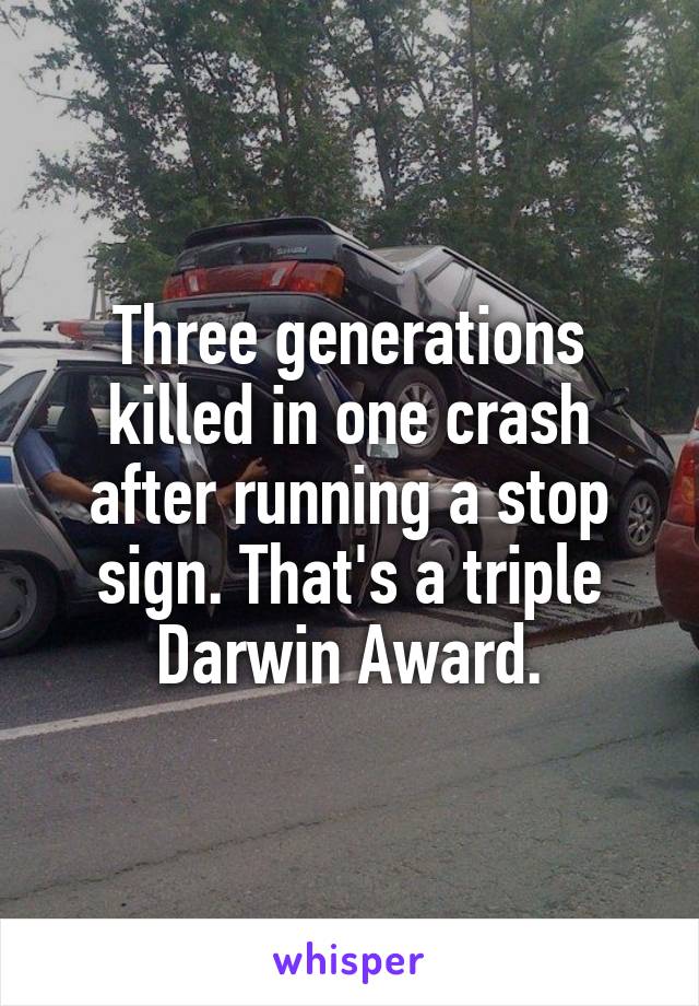 Three generations killed in one crash after running a stop sign. That's a triple Darwin Award.