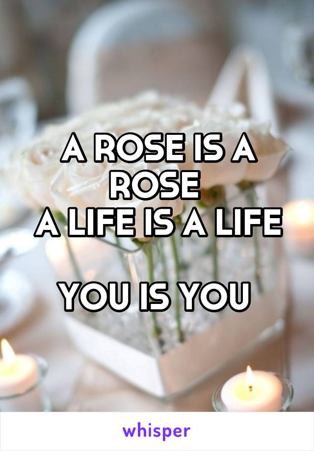 A ROSE IS A ROSE 
A LIFE IS A LIFE 
YOU IS YOU 