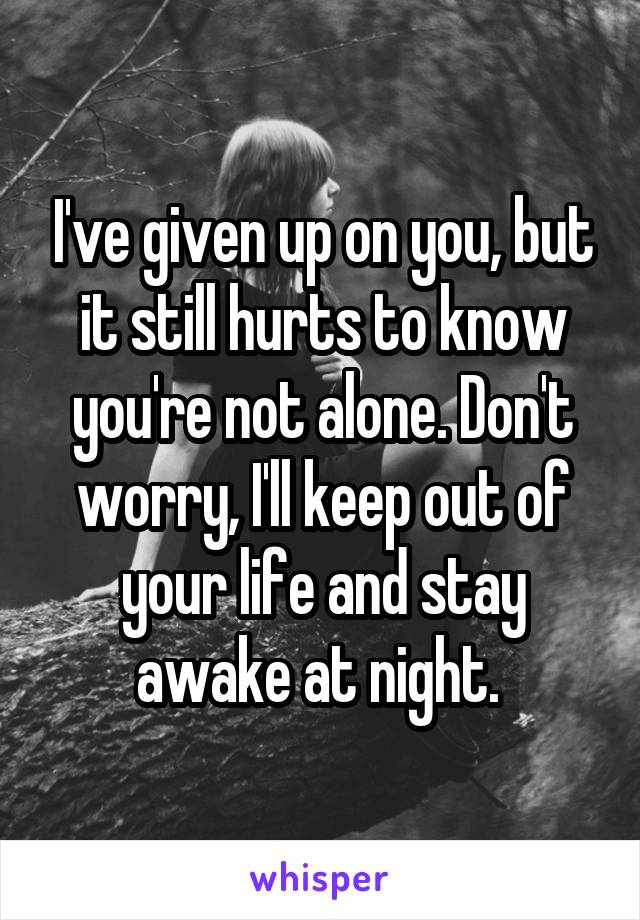 I've given up on you, but it still hurts to know you're not alone. Don't worry, I'll keep out of your life and stay awake at night. 