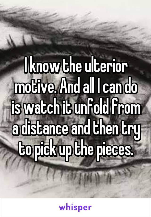 I know the ulterior motive. And all I can do is watch it unfold from a distance and then try to pick up the pieces.