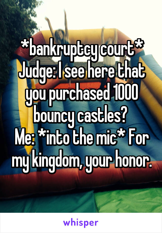 *bankruptcy court*
Judge: I see here that you purchased 1000 bouncy castles? 
Me: *into the mic* For my kingdom, your honor. 