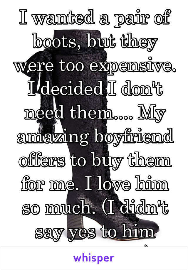 I wanted a pair of boots, but they were too expensive. I decided I don't need them.... My amazing boyfriend offers to buy them for me. I love him so much. (I didn't say yes to him buying them)