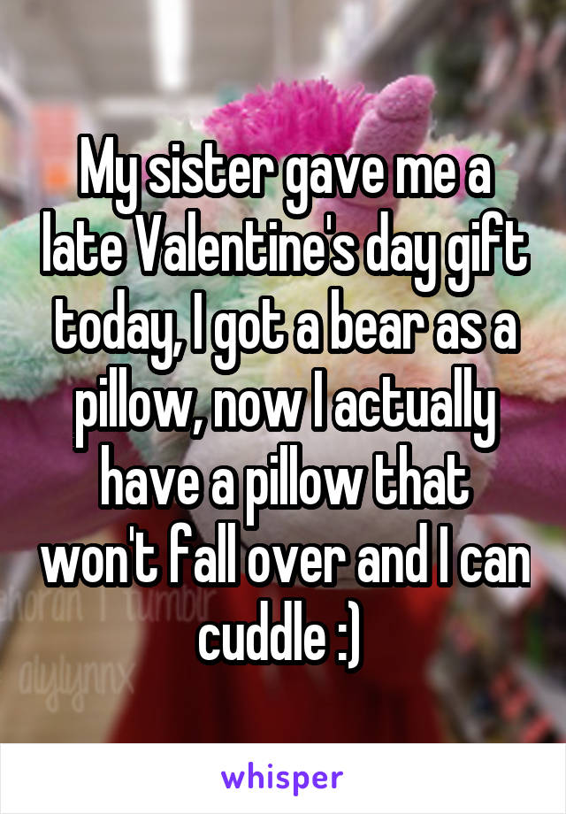 My sister gave me a late Valentine's day gift today, I got a bear as a pillow, now I actually have a pillow that won't fall over and I can cuddle :) 