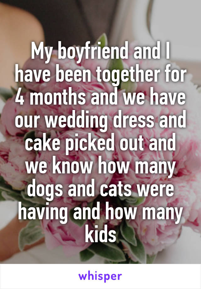 My boyfriend and I have been together for 4 months and we have our wedding dress and cake picked out and we know how many dogs and cats were having and how many kids