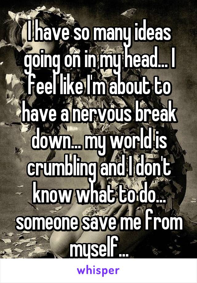 I have so many ideas going on in my head... I feel like I'm about to have a nervous break down... my world is crumbling and I don't know what to do... someone save me from myself...