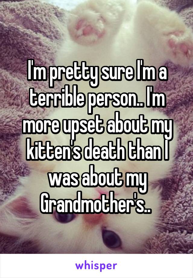 I'm pretty sure I'm a terrible person.. I'm more upset about my kitten's death than I was about my Grandmother's.. 