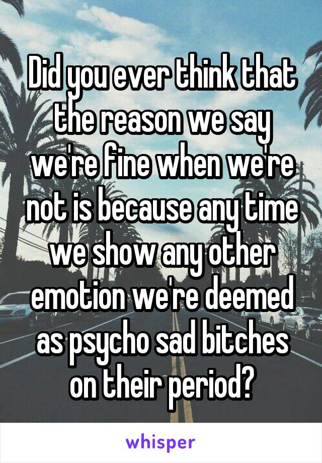 Did you ever think that the reason we say we're fine when we're not is because any time we show any other emotion we're deemed as psycho sad bitches on their period?