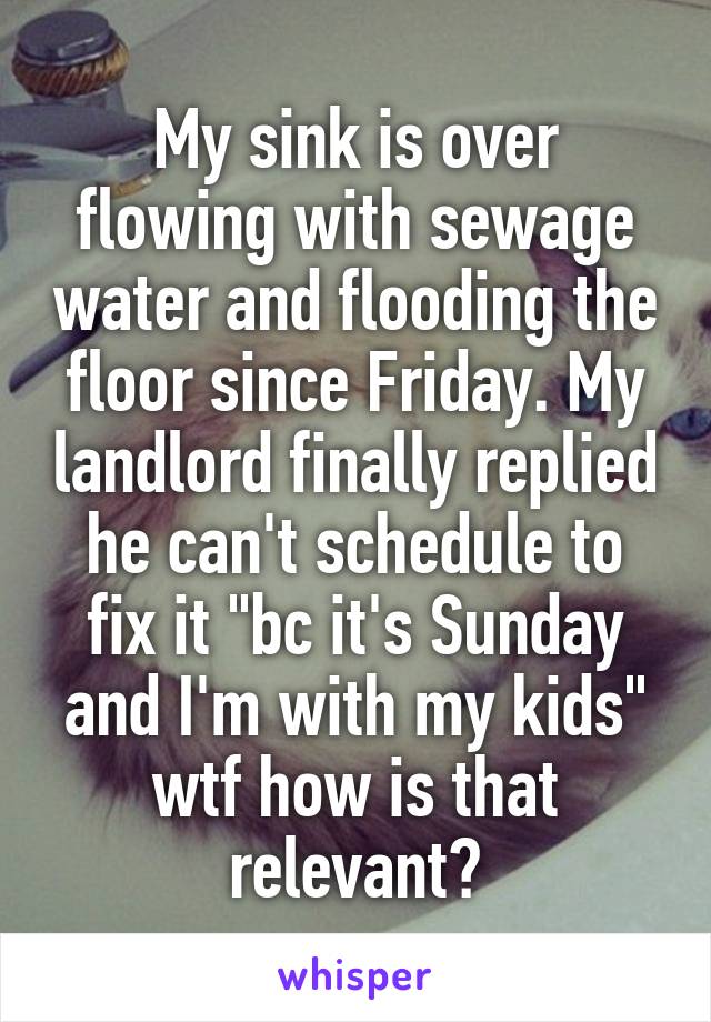 My sink is over flowing with sewage water and flooding the floor since Friday. My landlord finally replied he can't schedule to fix it "bc it's Sunday and I'm with my kids" wtf how is that relevant?