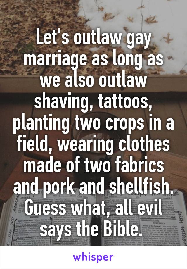 Let's outlaw gay marriage as long as we also outlaw shaving, tattoos, planting two crops in a field, wearing clothes made of two fabrics and pork and shellfish. Guess what, all evil says the Bible. 