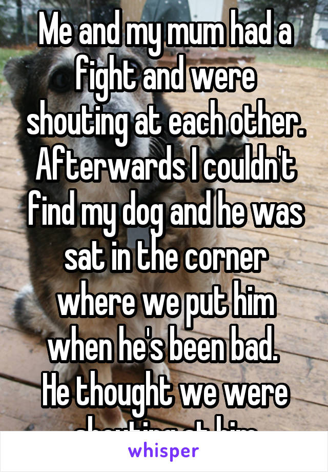 Me and my mum had a fight and were shouting at each other. Afterwards I couldn't find my dog and he was sat in the corner where we put him when he's been bad. 
He thought we were shouting at him
