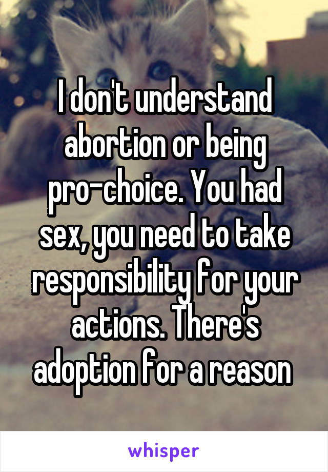 I don't understand abortion or being pro-choice. You had sex, you need to take responsibility for your actions. There's adoption for a reason 