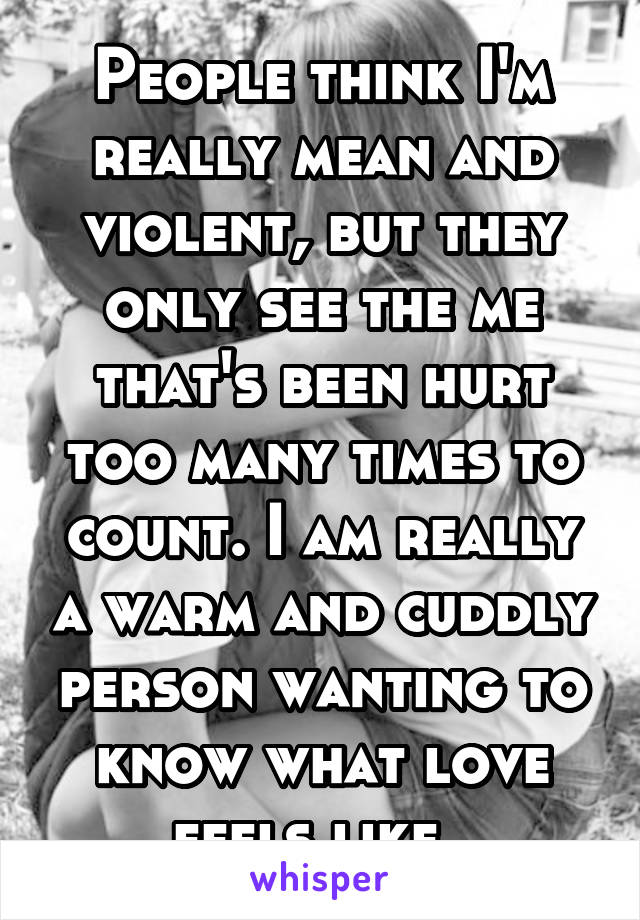 People think I'm really mean and violent, but they only see the me that's been hurt too many times to count. I am really a warm and cuddly person wanting to know what love feels like. 