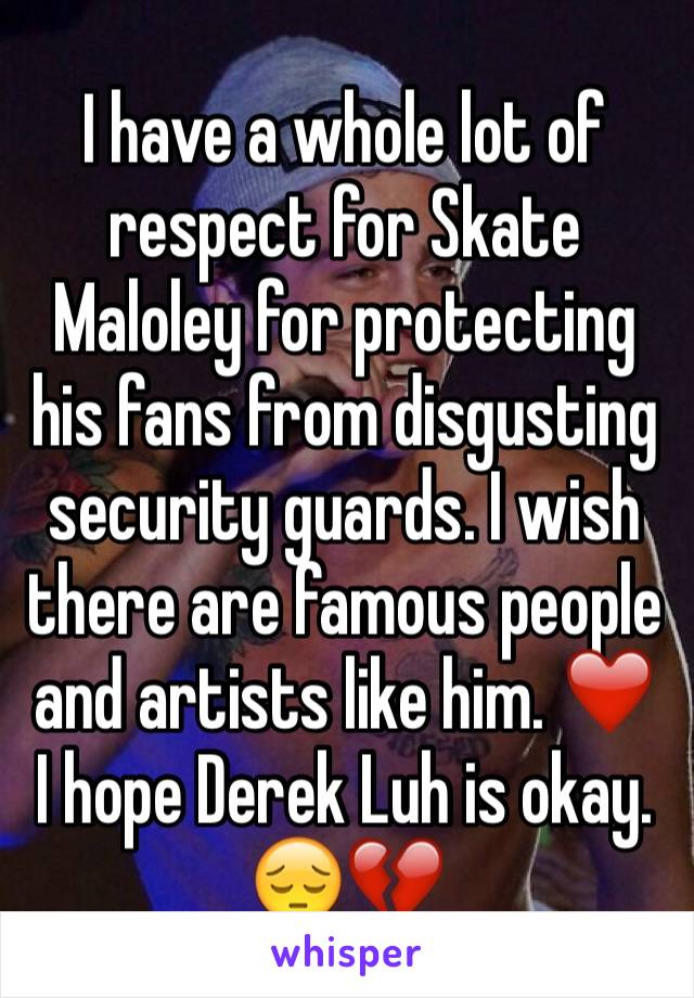 I have a whole lot of respect for Skate Maloley for protecting his fans from disgusting security guards. I wish there are famous people and artists like him. ❤️
I hope Derek Luh is okay. 😔💔