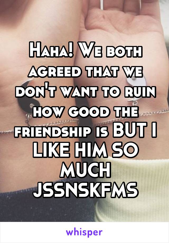 Haha! We both agreed that we don't want to ruin how good the friendship is BUT I LIKE HIM SO MUCH JSSNSKFMS