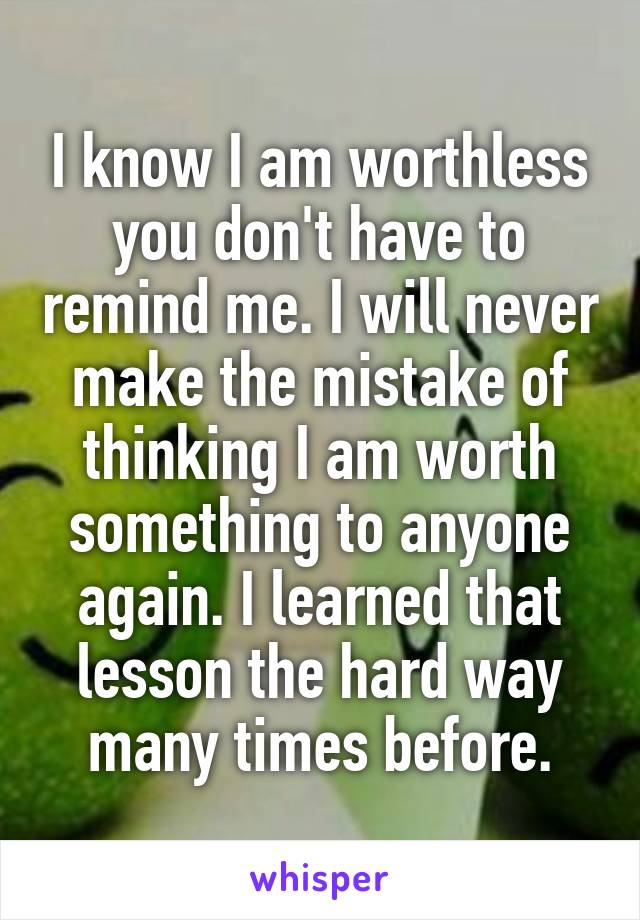 I know I am worthless you don't have to remind me. I will never make the mistake of thinking I am worth something to anyone again. I learned that lesson the hard way many times before.