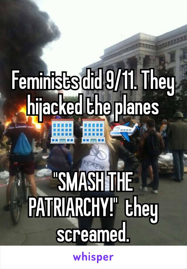 Feminists did 9/11. They hijacked the planes 🏢🏢✈

"SMASH THE PATRIARCHY!"  they screamed.