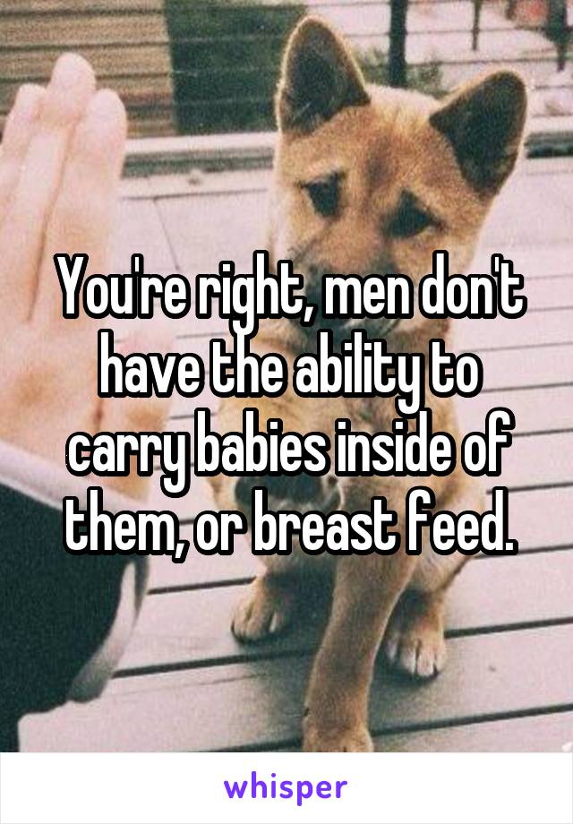 You're right, men don't have the ability to carry babies inside of them, or breast feed.