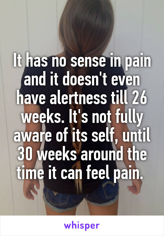 It has no sense in pain and it doesn't even have alertness till 26 weeks. It's not fully aware of its self, until 30 weeks around the time it can feel pain. 