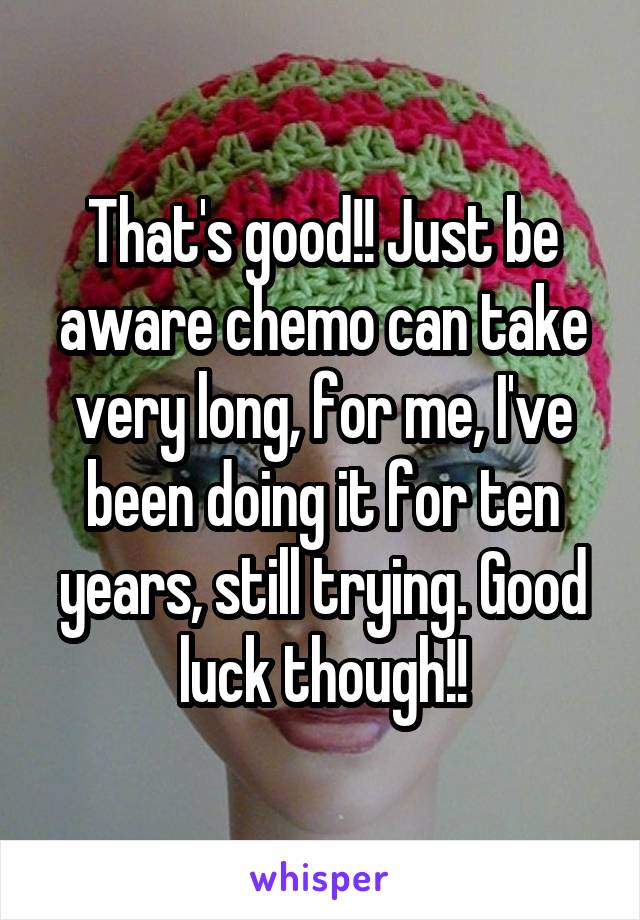 That's good!! Just be aware chemo can take very long, for me, I've been doing it for ten years, still trying. Good luck though!!