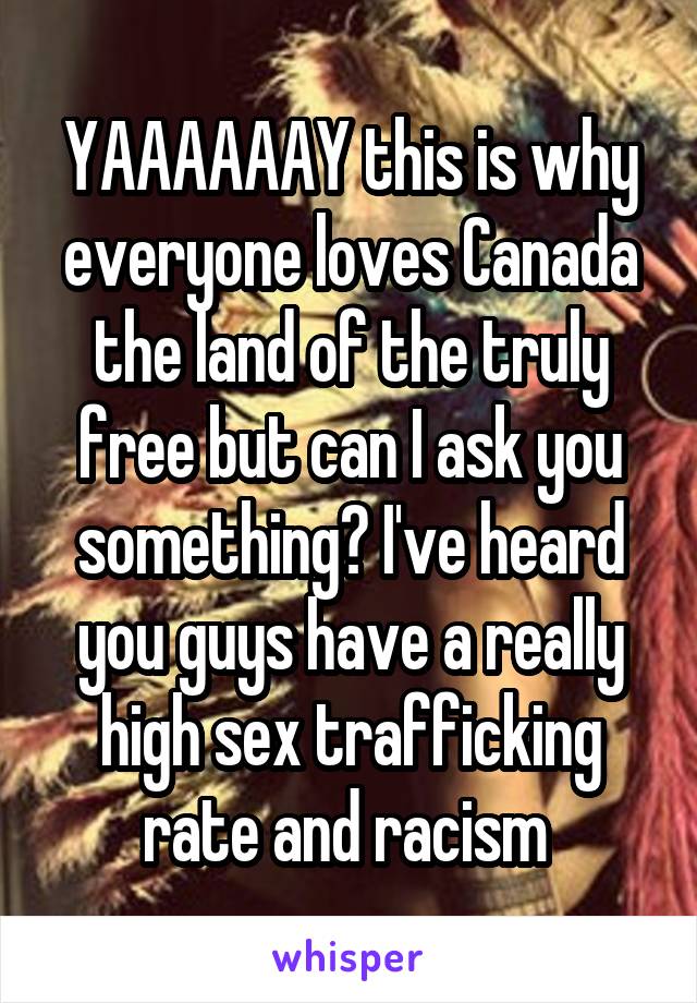 YAAAAAAY this is why everyone loves Canada the land of the truly free but can I ask you something? I've heard you guys have a really high sex trafficking rate and racism 