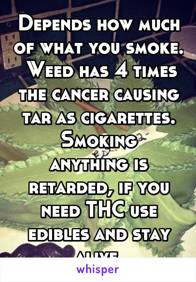 Depends how much of what you smoke.  Weed has 4 times the cancer causing tar as cigarettes.
Smoking anything is retarded, if you need THC use edibles and stay alive.