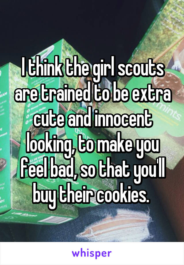 I think the girl scouts are trained to be extra cute and innocent looking, to make you feel bad, so that you'll buy their cookies. 