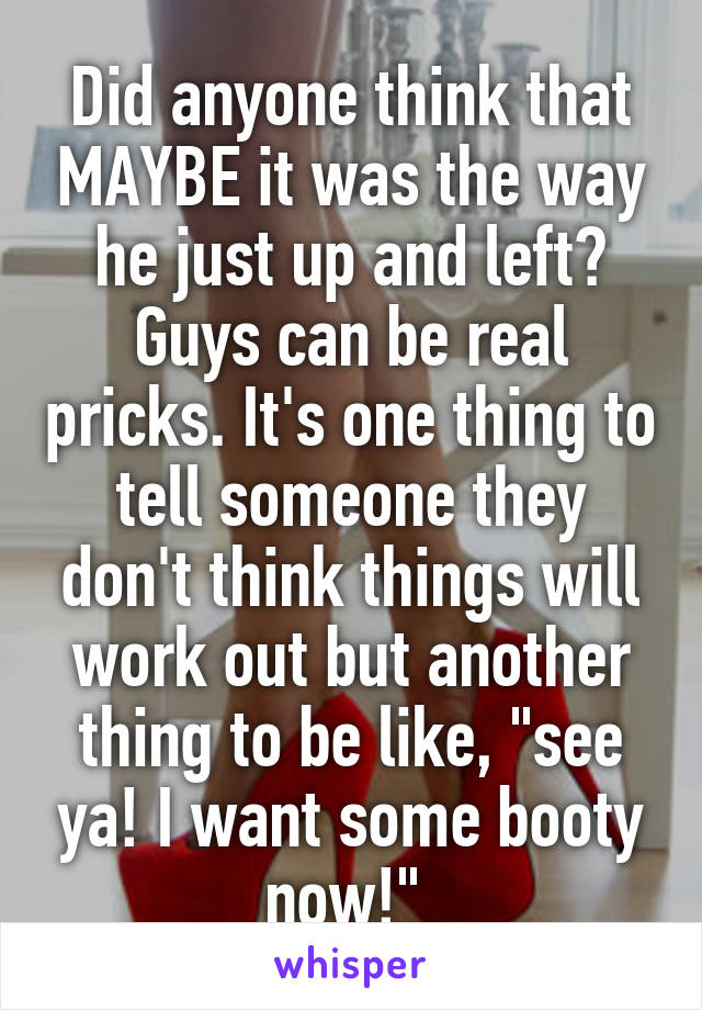Did anyone think that MAYBE it was the way he just up and left? Guys can be real pricks. It's one thing to tell someone they don't think things will work out but another thing to be like, "see ya! I want some booty now!" 