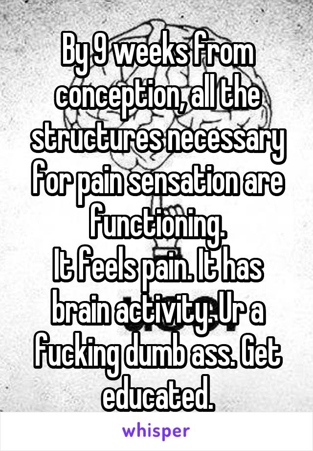 By 9 weeks from conception, all the structures necessary for pain sensation are functioning.
It feels pain. It has brain activity. Ur a fucking dumb ass. Get educated.