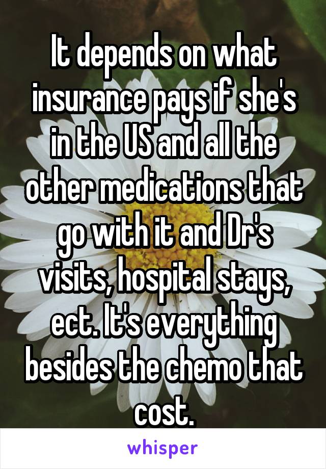 It depends on what insurance pays if she's in the US and all the other medications that go with it and Dr's visits, hospital stays, ect. It's everything besides the chemo that cost.